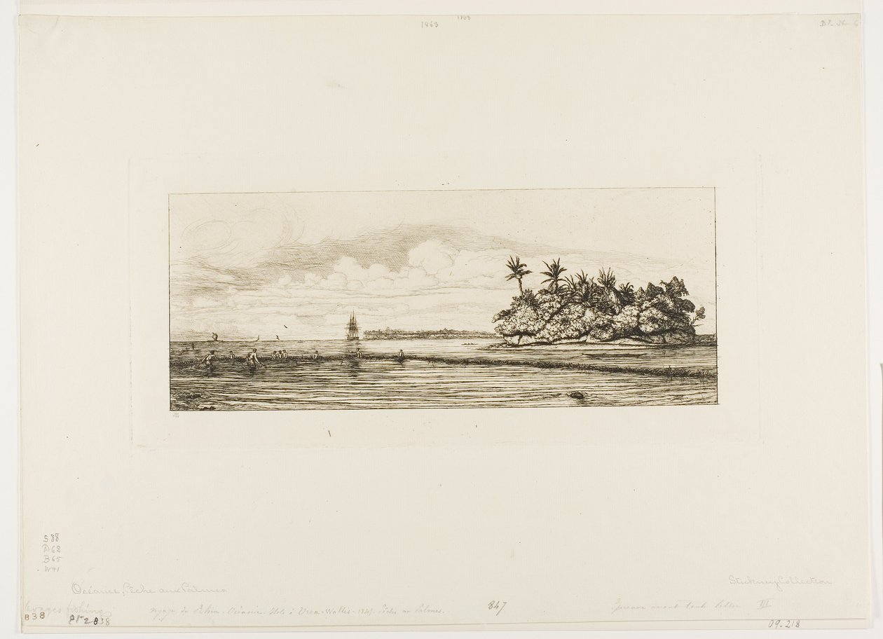 Oceanië: Vissen, nabij eilanden met palmen in de Uea of Wallis-groep, 1845 door Charles Meryon
