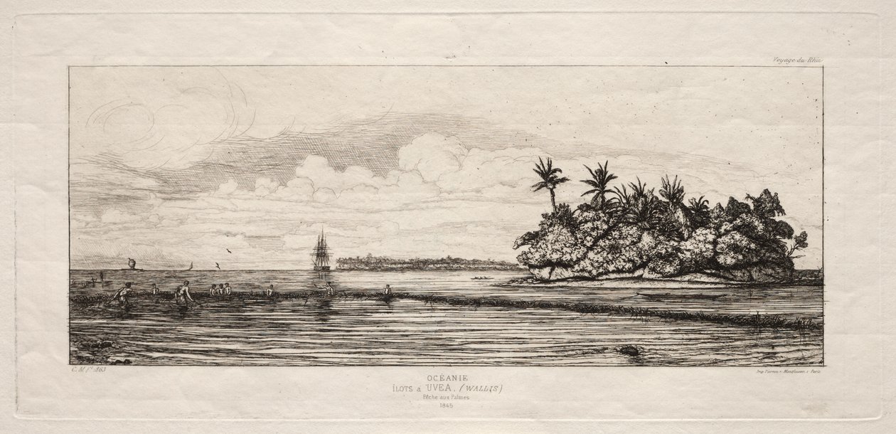 Oceanië: Vissen nabij Eilanden met Palmen in de Uea of Wallis Groep, 1845 door Charles Meryon