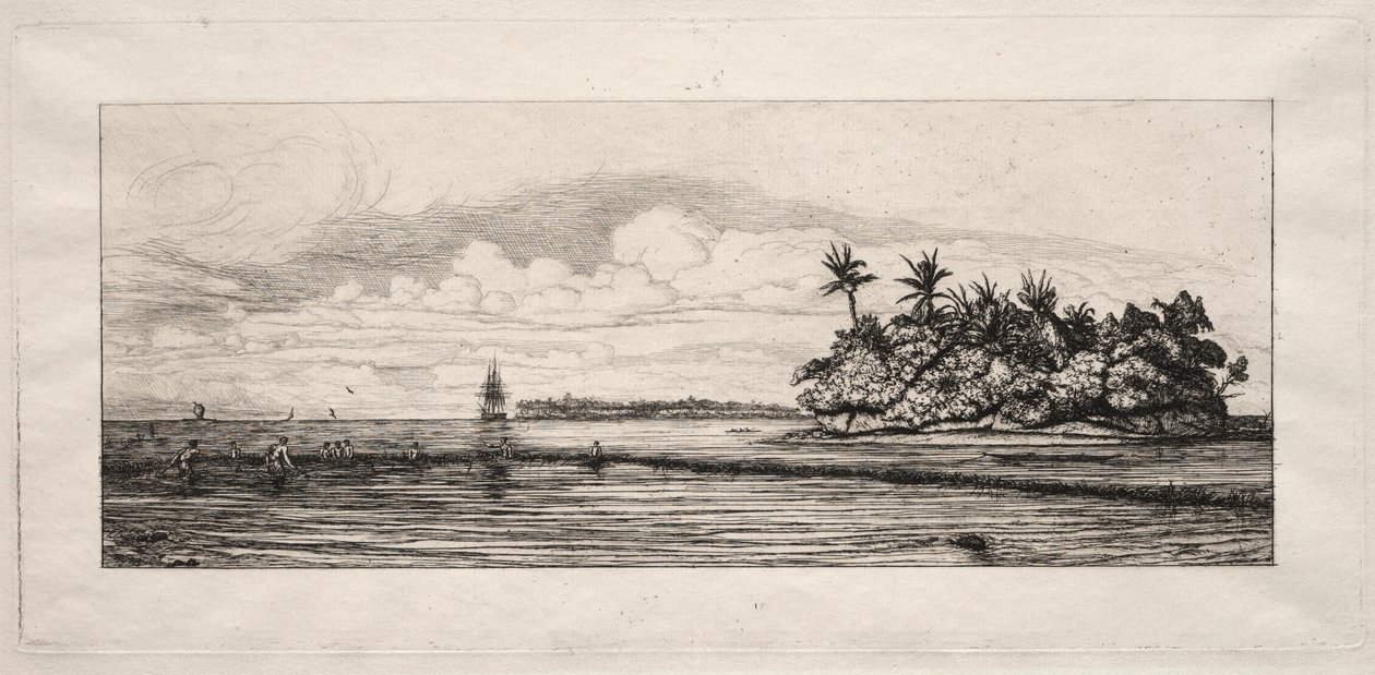 Oceanië: Vissen nabij eilanden met palmen in de Uea of Wallis-groep, 1863 door Charles Meryon