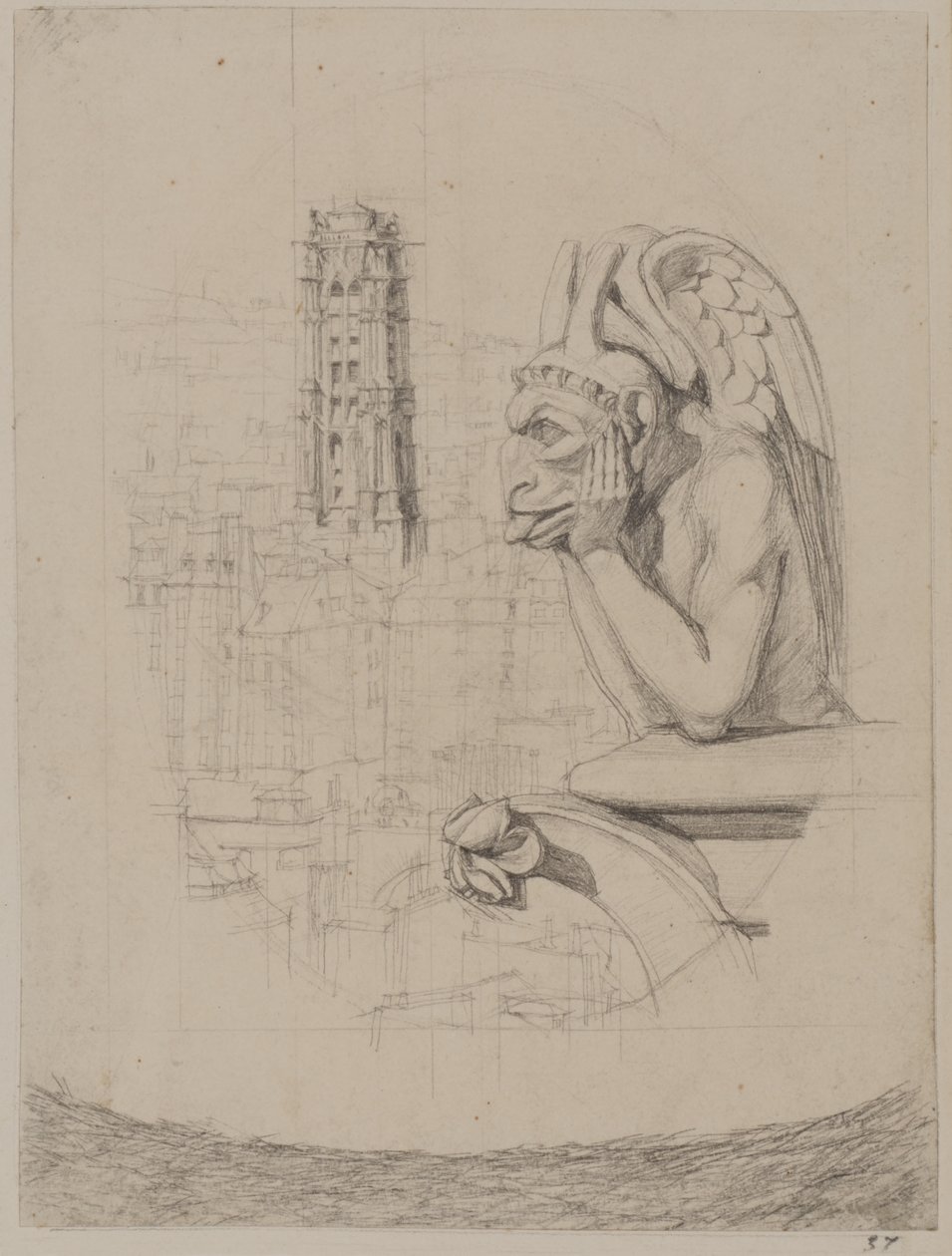 Studie voor ‘Le Stryge’: De chimera en de toren van Saint-Jacques door Charles Meryon