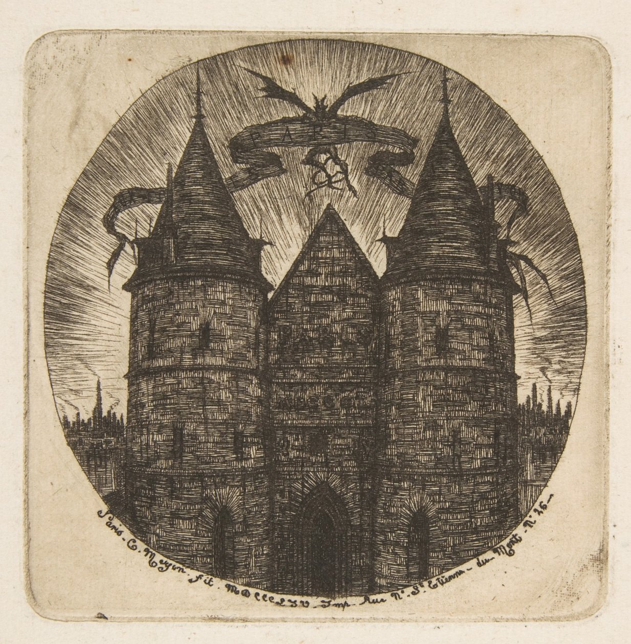 De oude ingang van het Palais de Justice in Parijs, frontispice van „Etchings of Paris“ door Charles Meryon