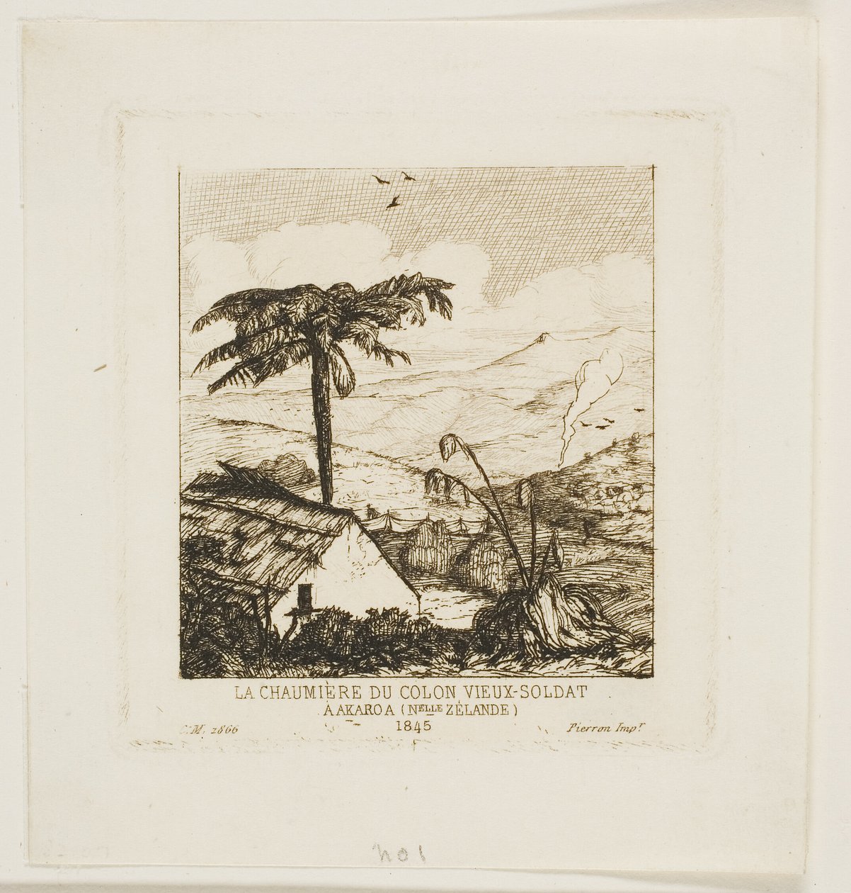 De rieten hut van de oude soldaat, Akaroa, 1845 door Charles Meryon
