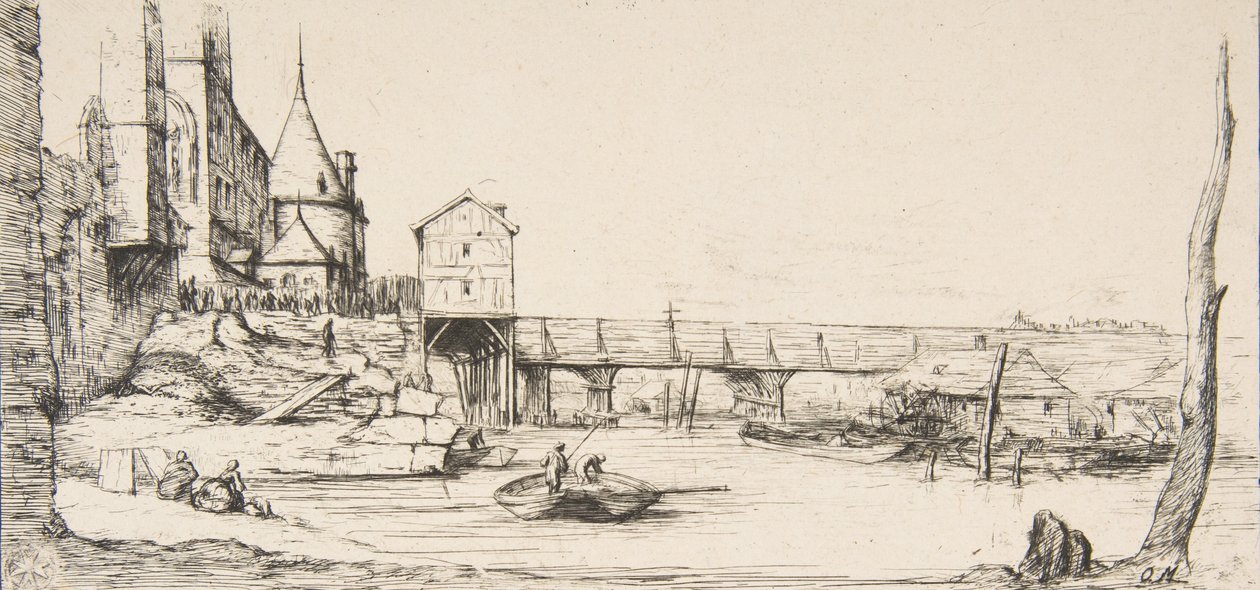 De voetgangersbrug die tijdelijk de Pont-au-Change vervangt, Parijs, na de brand van 1621 door Charles Meryon