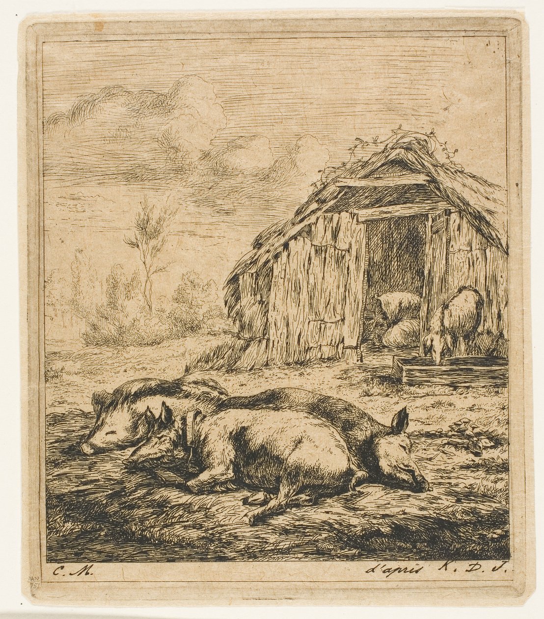 Drie Varkens Liggend voor een Schuur door Charles Meryon
