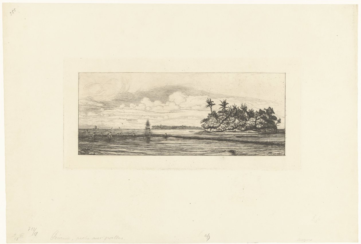 Vissers bij de Wallis eilanden in Grote Oceaan door Charles Meryon