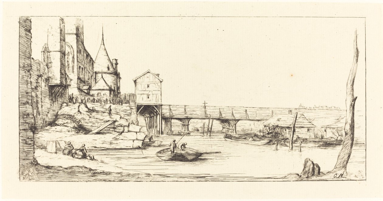 Voetgangersbrug Tijdelijk de Pont-au-Change Vervangend, Parijs, na de Brand van 1621 door Charles Meryon after Stefano Della Bella