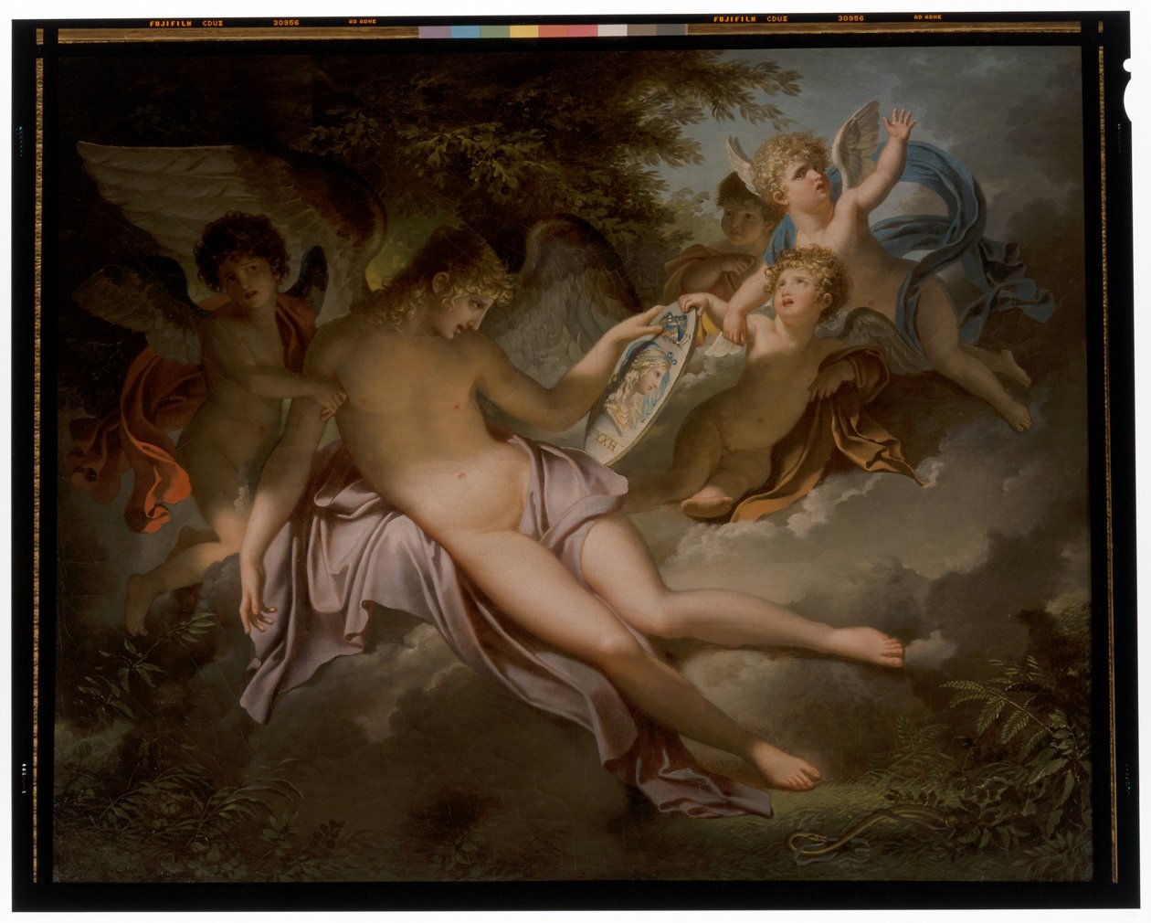 Cupido huilt om het verlies van Psyche, wiens portret hij in handen houdt door Charles Meynier
