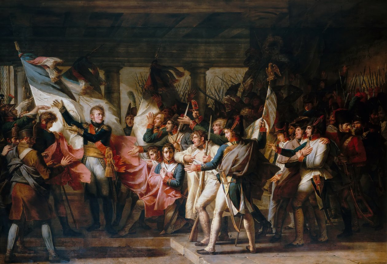 Maarschalk Ney en de soldaten van het 76e regiment van de linie halen hun kleuren terug uit het arsenaal door Charles Meynier