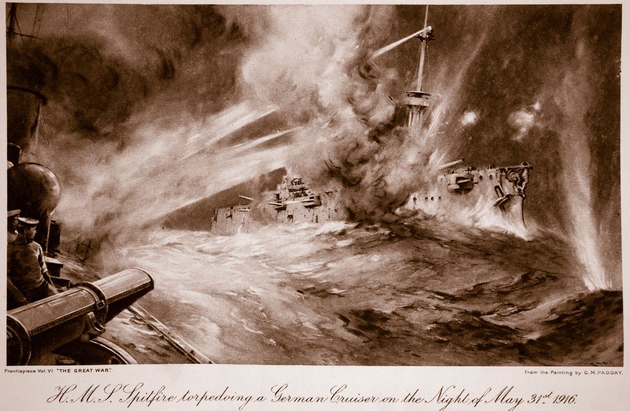 H.M.S Spitfire torpedeert een Duitse kruiser in de nacht van 31 mei door Charles Murray (after) Padday