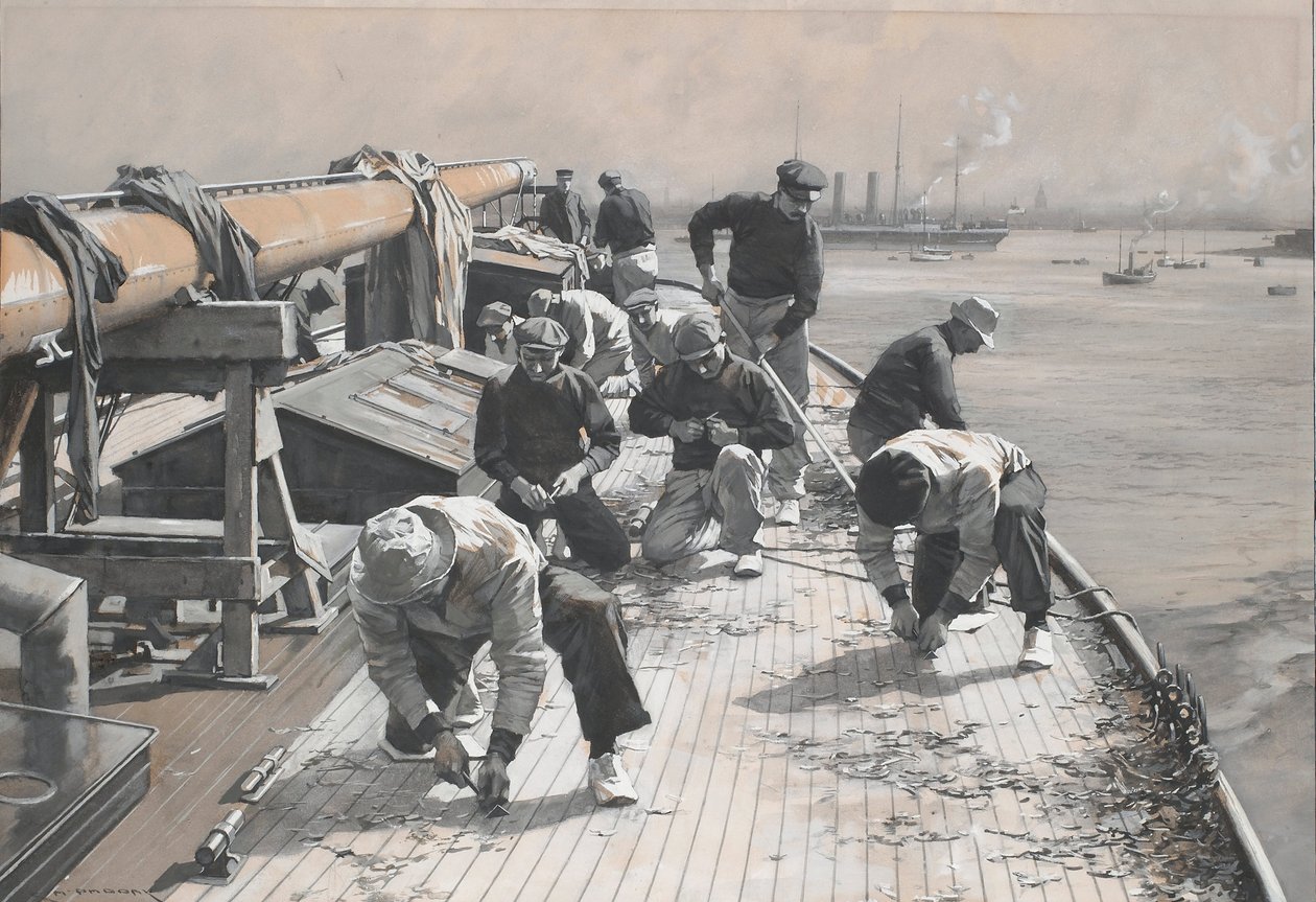 Bouw van een 23-meter raceboot, de Brynhild brug schrapend. Tekening en gewassen (35x47,9 cm) door Charles M. Padday () , begin 20e eeuw. door Charles Murray Padday
