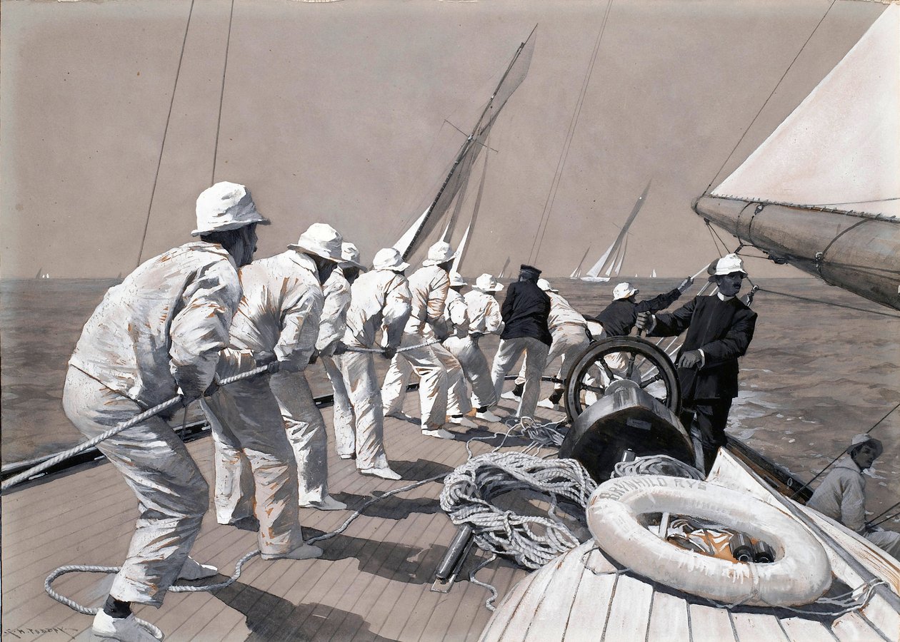 Het hijsen van het grootzeil aan boord van de Brynhild, een wedstrijdboot, winnaar van de Kings Cup. Tekening en gewassen (37,4x46,1 cm) door Charles M. Padday () , begin 20e eeuw. door Charles Murray Padday