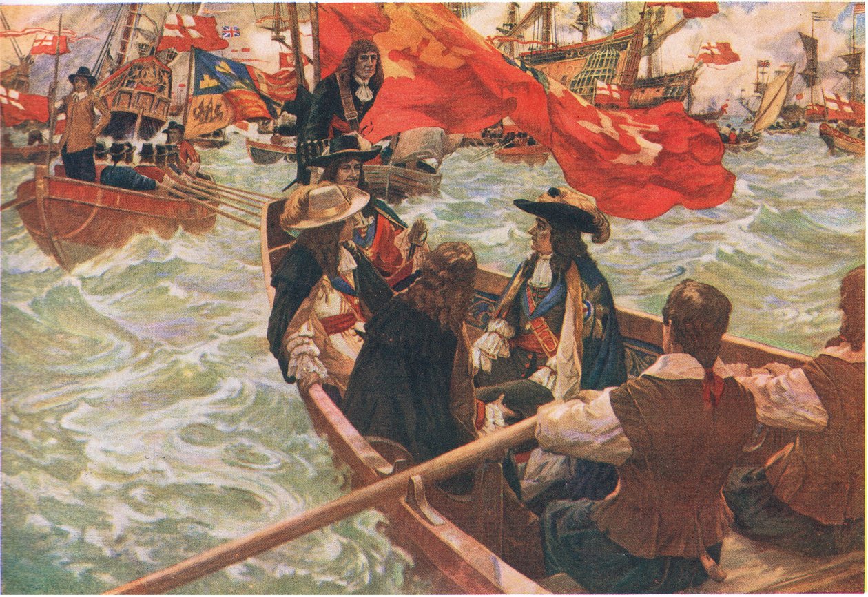 De thuiskomst van Charles II, uit Cassells History of the British People uitgegeven door de Waverley Book Company Limited, ca.1940 (kleurenlitho) door Charles Murray Padday
