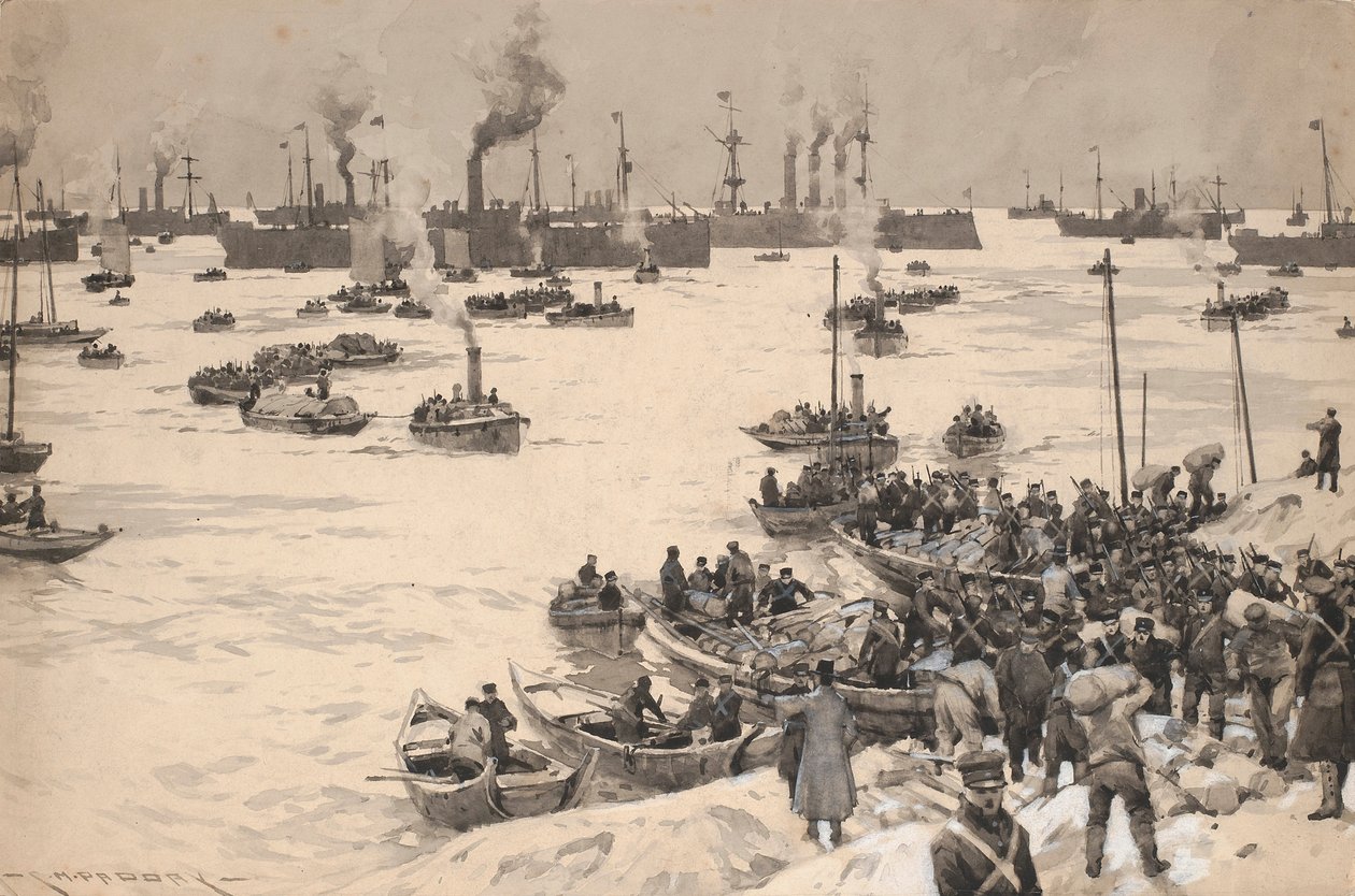 Japanse troepen landen in Korea in 1905. Tekening en gewassen (30.1x45.6 cm) door Charles M. Padday () , begin 20e eeuw. door Charles Murray Padday