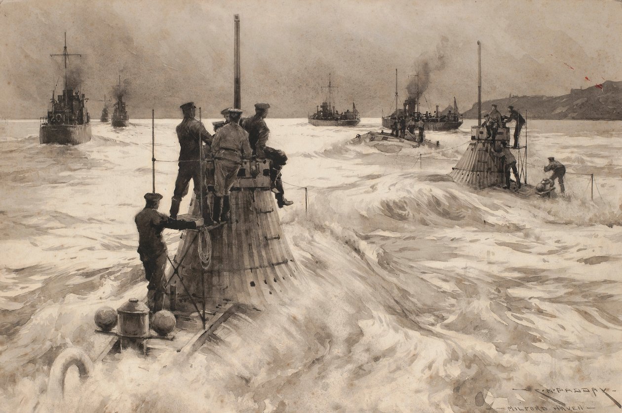 Nieuwe Britse onderzeeërs verlaten Milford Haven (Engeland), om in actie te komen. Tekening en gewassen (30.4x45.5 cm) door Charles M. Padday () , begin 20e eeuw. door Charles Murray Padday