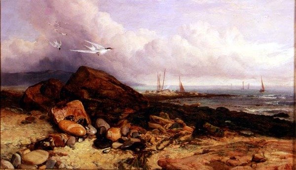 Kustscène met Vissersboot en Sterns door Charles Napier Hemy