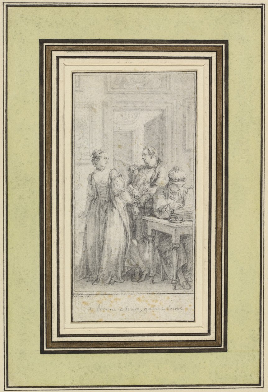 Achtste dag, eerste verhaal, Madonna Ambruogia geeft haar man de tweehonderd florijnen die ze van Gulfardo kreeg als betaling voor haar gunsten door Charles Nicolas Cochin II