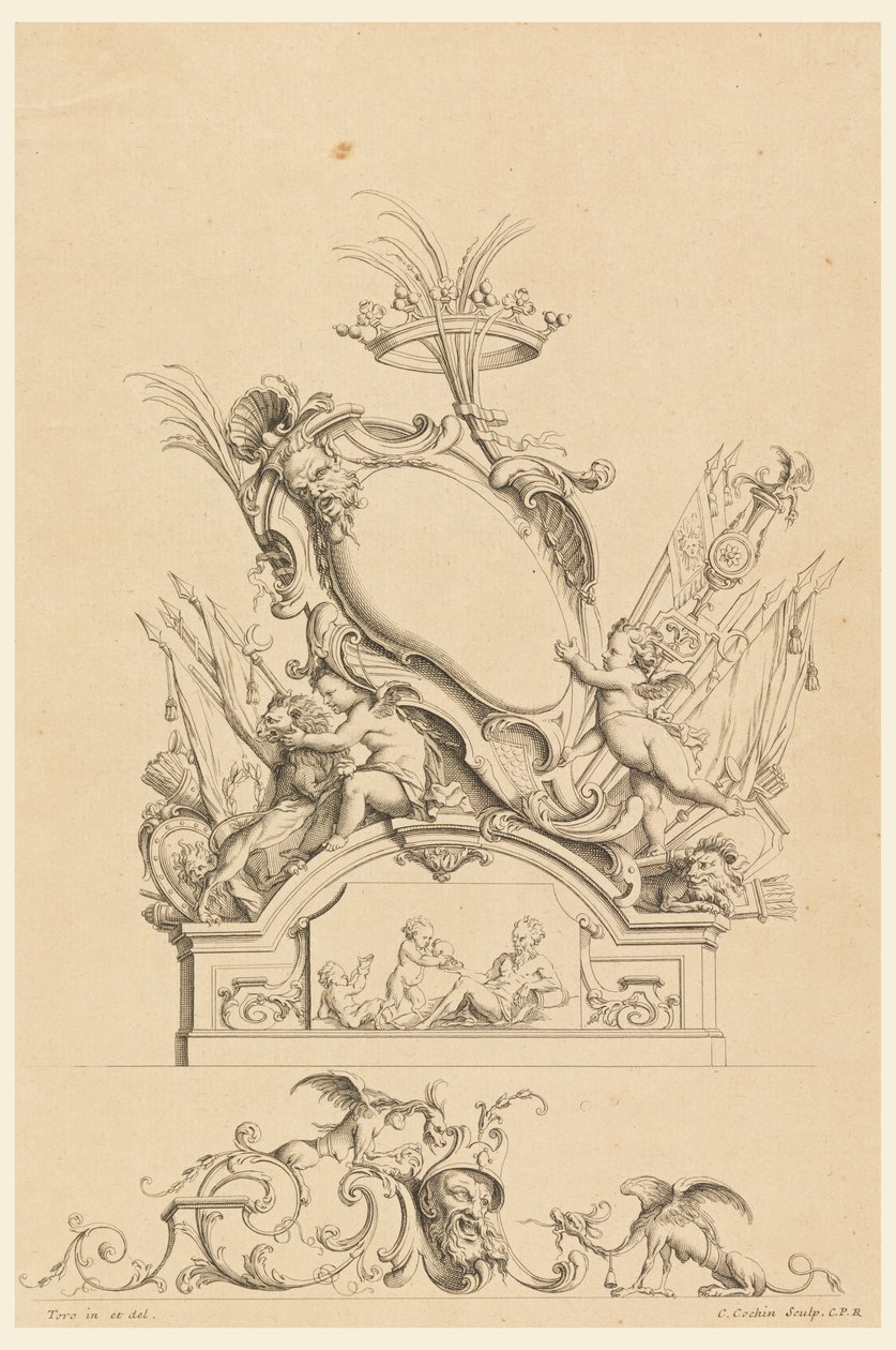 Ontwerp voor cartouche met kroon, twee putti die Bacchus dienen, en twee leeuwen uit 