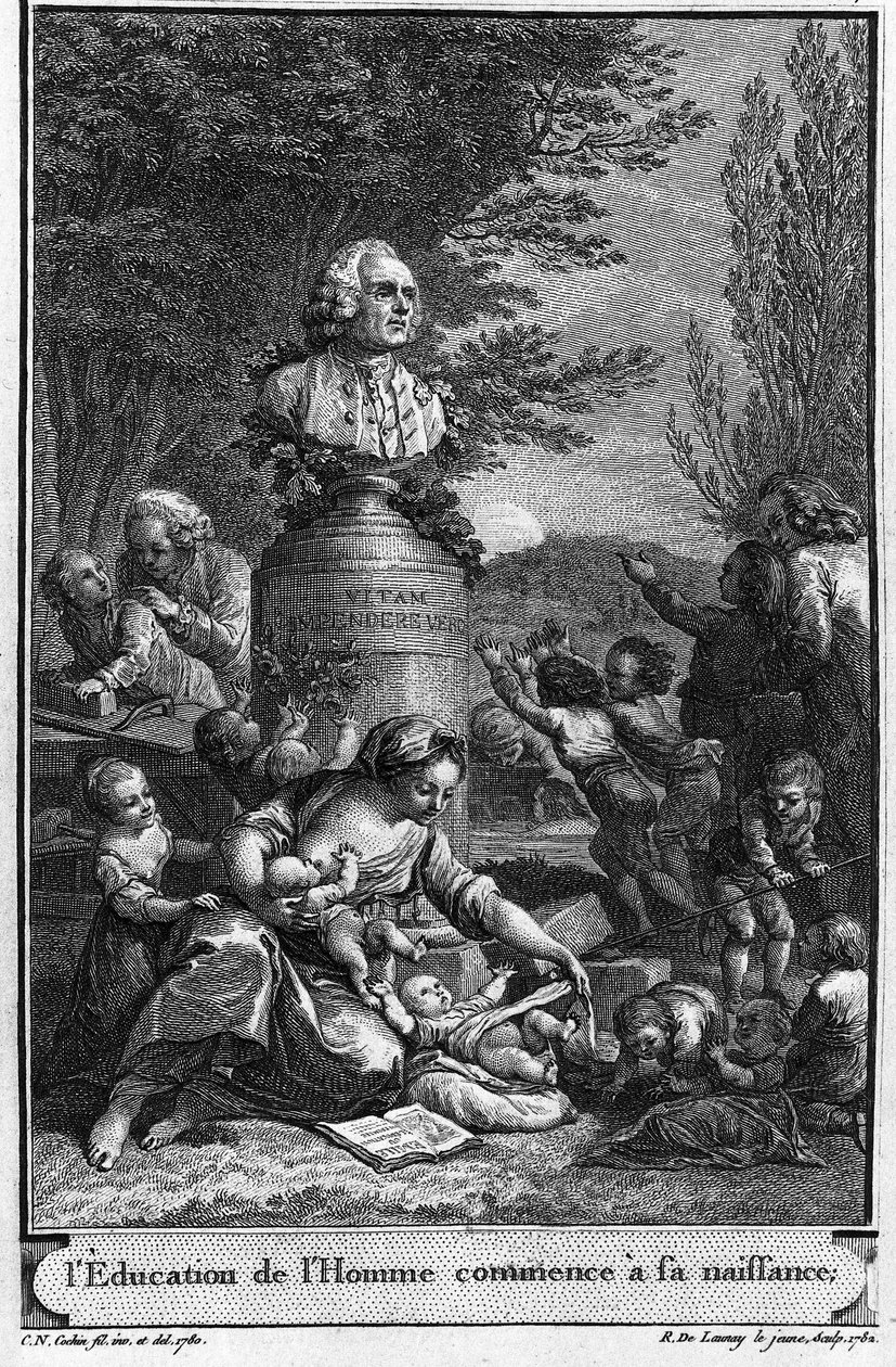 Menselijke opvoeding begint bij de geboorte. Frontispice (1782) door Jean Jacques Rousseau gegraveerd door Robert Delaunay de jonge (1749-1814) naar een tekening (1780) door Charles Nicolas Cochin de jonge (1715-1790) met de buste van de schrijver. door Charles Nicolas II (after) Cochin