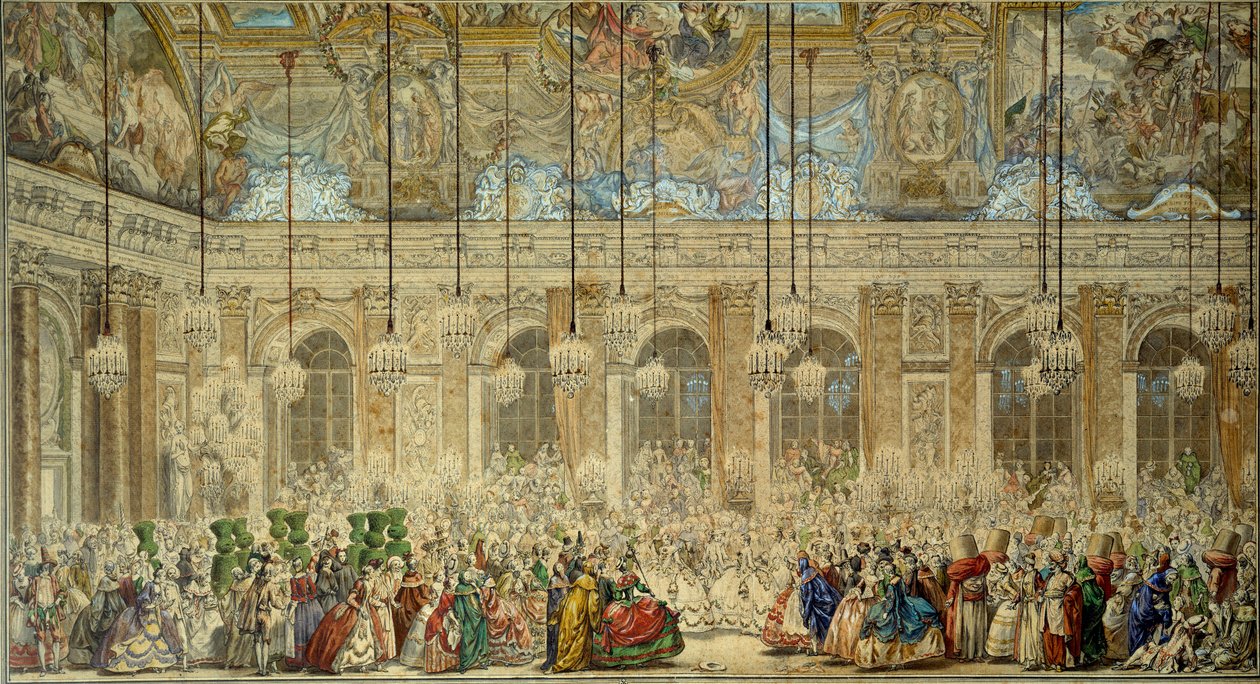 Bal masqué of bal van de Ifs voor het huwelijk van Lodewijk Dauphin van Frankrijk (1729-1765) met Marie Thérèse van Spanje in de Spiegelzaal in Versailles in februari 1745 Tekening in pen en inkt door Charles Nicolas Cochin le Jeune (1715-1790) door Charles Nicolas II Cochin