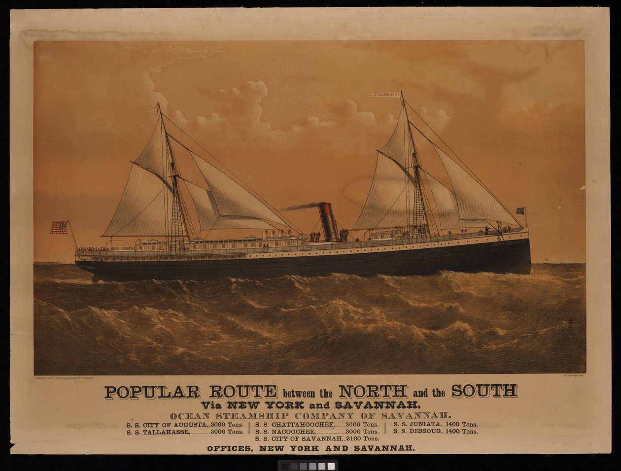Populaire route tussen het noorden en het zuiden via New York en Savannah, Ocean Steamship Company of Savannah... City of Augusta... door Charles Parsons