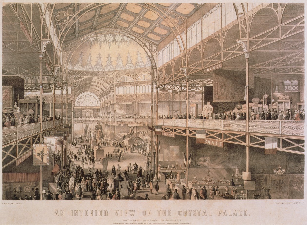 Het interieur van het New York Crystal Palace, uitgegeven door Endicott & Co., New York, 1855 door Charles Parsons