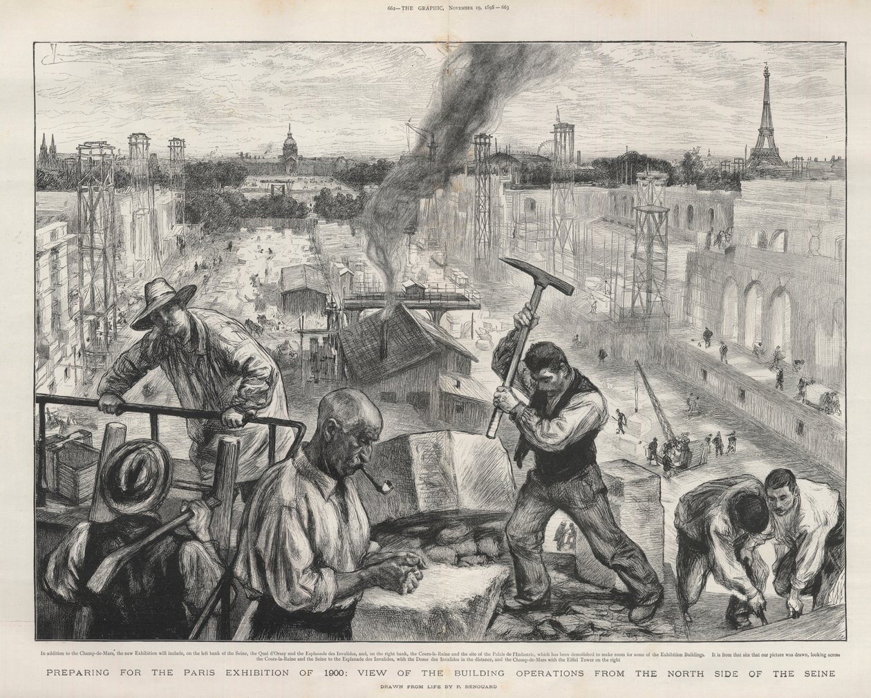Voorbereidingen voor de Parijse tentoonstelling van 1900: uitzicht op de bouwwerkzaamheden vanaf de noordzijde van de Seine. door Charles Paul Renouard