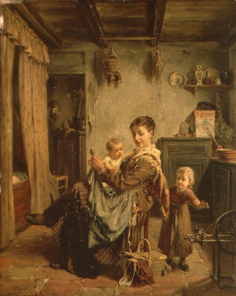 Cache-Cache, een interieur met moeder en kind door Charles Petit