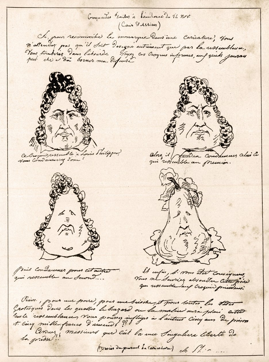 Croquades gemaakt tijdens de hoorzitting van 14 november - cartoon Louis Philippe in peer door Charles Philipon - 1832 - (Louis-Philippe verandert geleidelijk in een peer) door Charles Philipon
