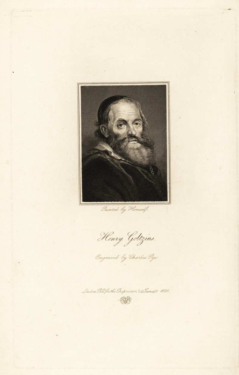 Portret van Hendrick Goltzius, Duits-geboren Nederlandse prentmaker, tekenaar en schilder door Charles Pye