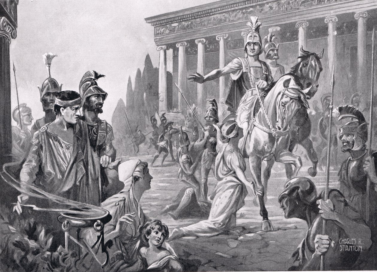 Alexander bij de inname van Thebe in 335 voor Christus, illustratie uit 