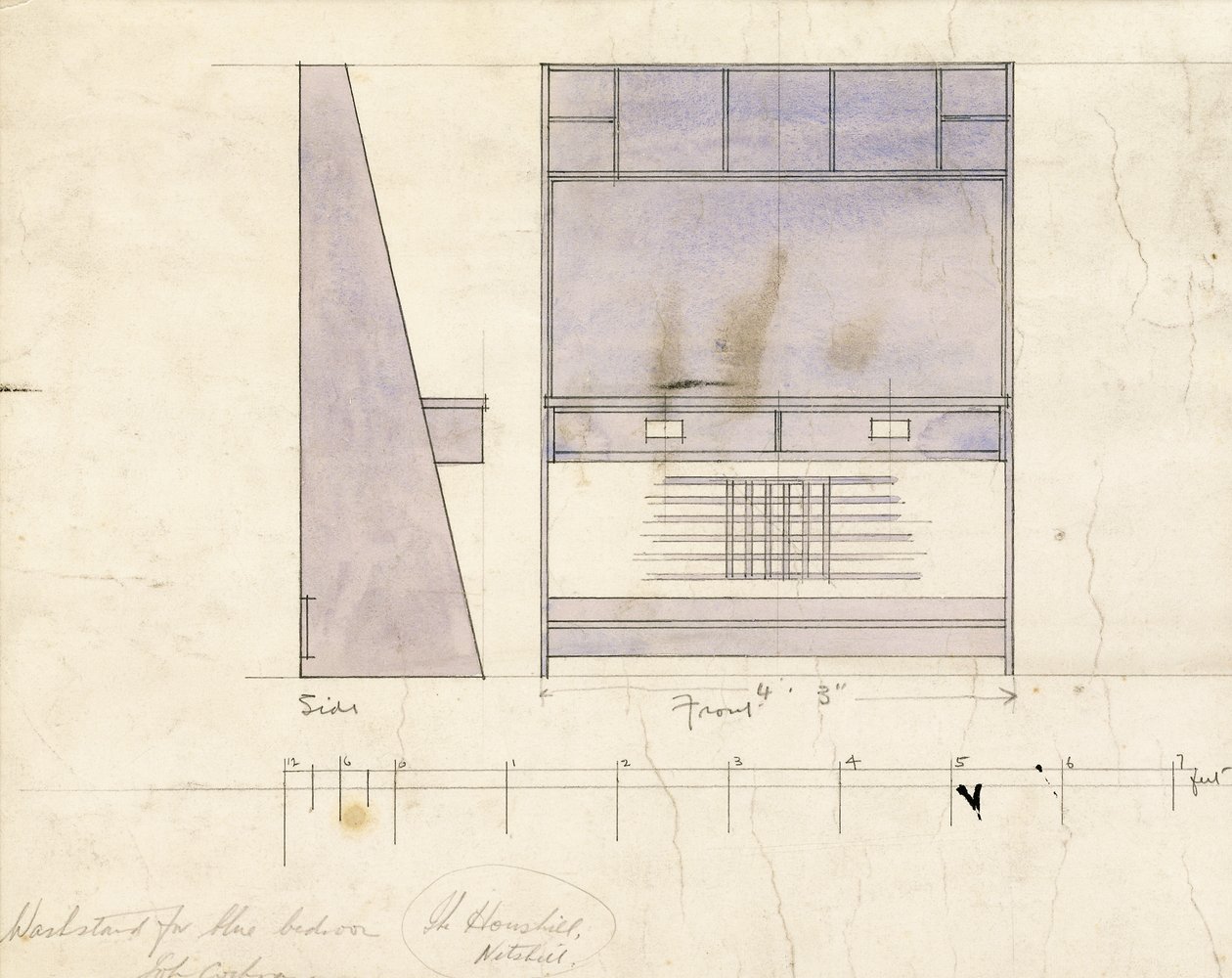 Ontwerp voor een wastafel, getoond in zij- en vooraanzicht, 1904 door Charles Rennie Mackintosh