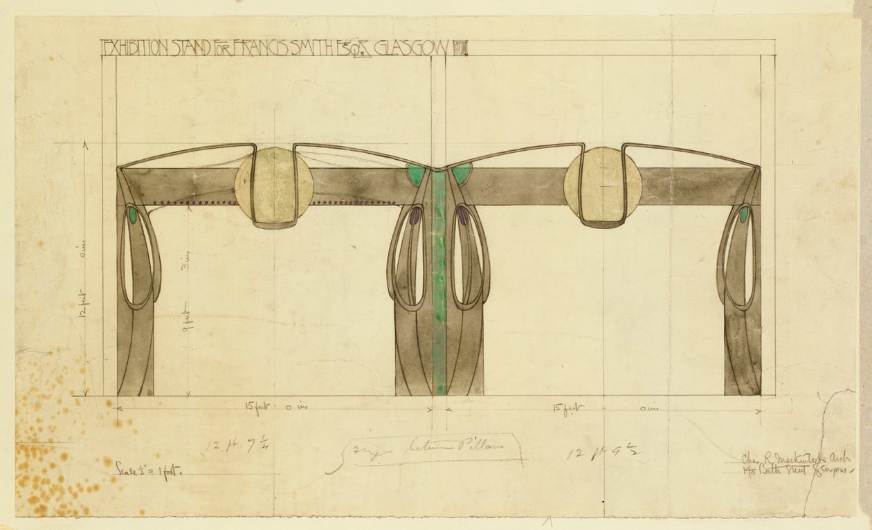 Ontwerp voor een tentoonstellingsstand voor Francis Smith, gebruikt op de Glasgow Exhibition, getoond in elevatie, 1901 door Charles Rennie Mackintosh