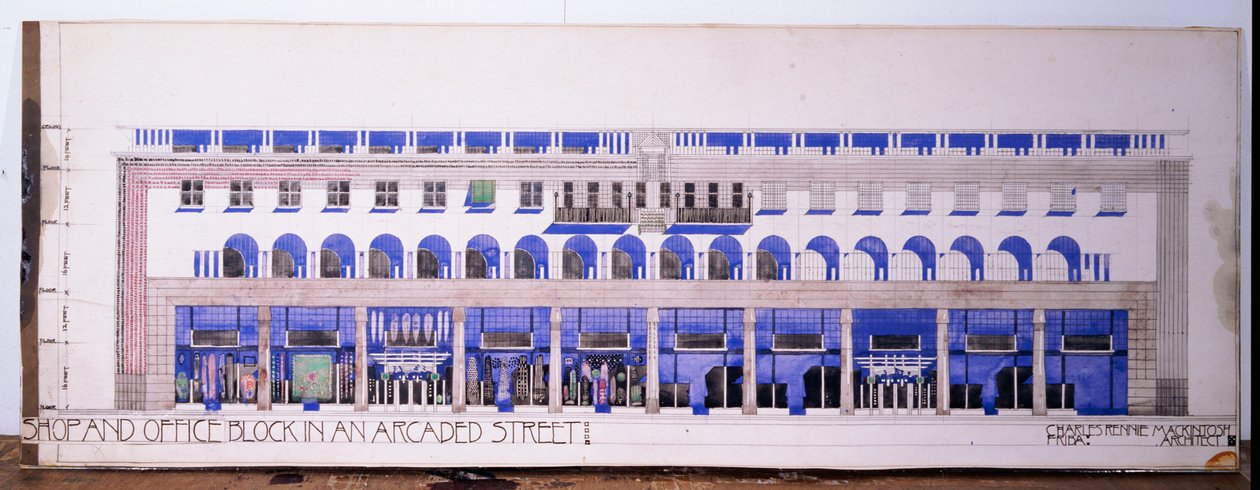 Voorheen ongeregistreerde architectonische tekeningen voor een winkel en een overdekte straat, ca. 1915 door Charles Rennie Mackintosh