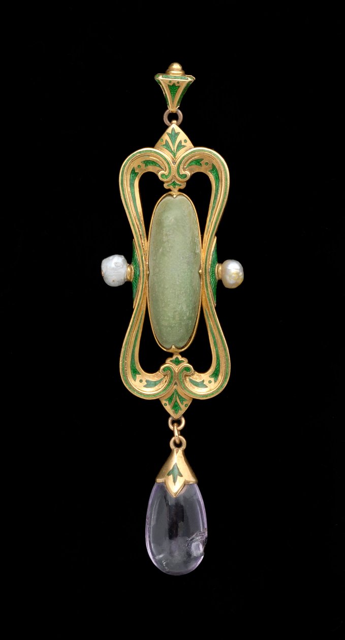 Hanger (goud, email, doorschijnende groene edelsteen & parel) door Charles Ricketts