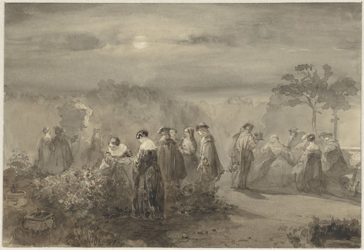 Gezelschap van dames en heren in een door de maan beschenen hof met rozenstruiken door Charles Rochussen