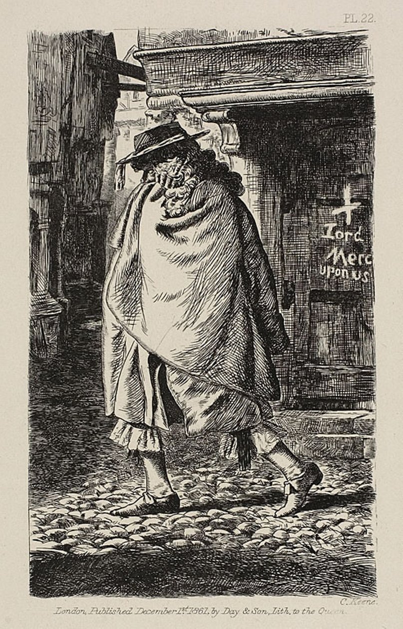 Een gehulde figuur die door de straat loopt (ten tijde van de pest in Londen) door Charles Samuel Keene