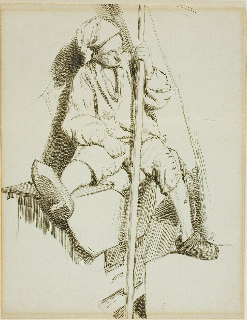 Zittende man, staf in linkerhand door Charles Samuel Keene