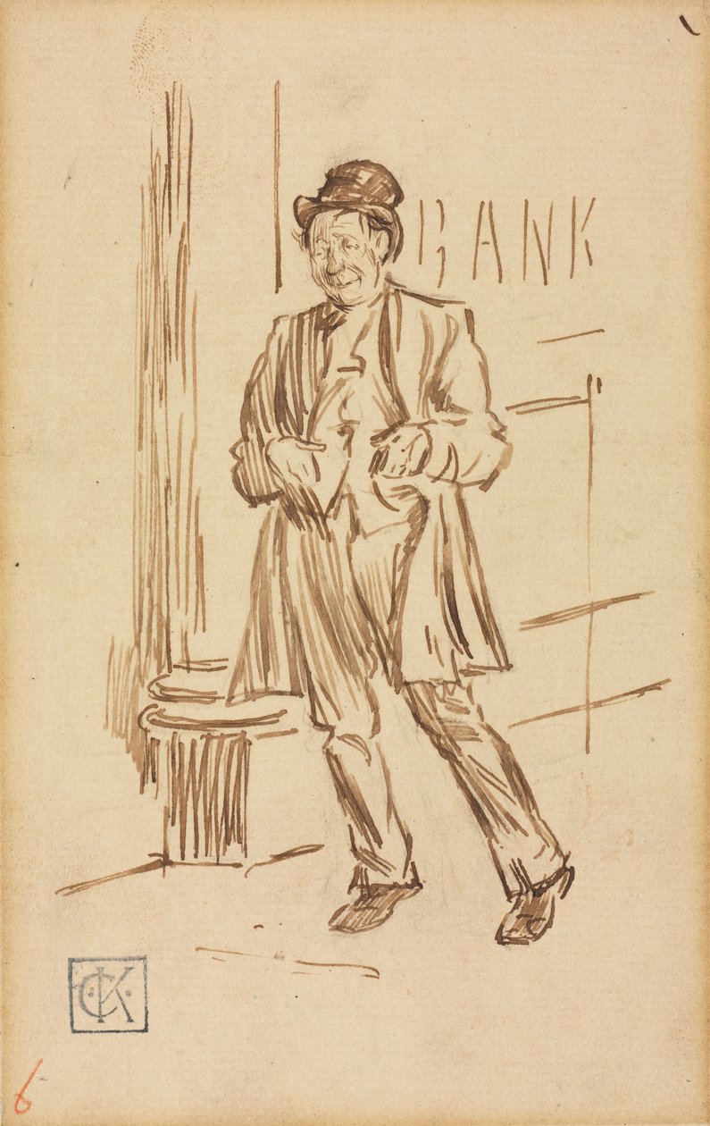 Studie van een dronken man die langs een bank loopt door Charles Samuel Keene