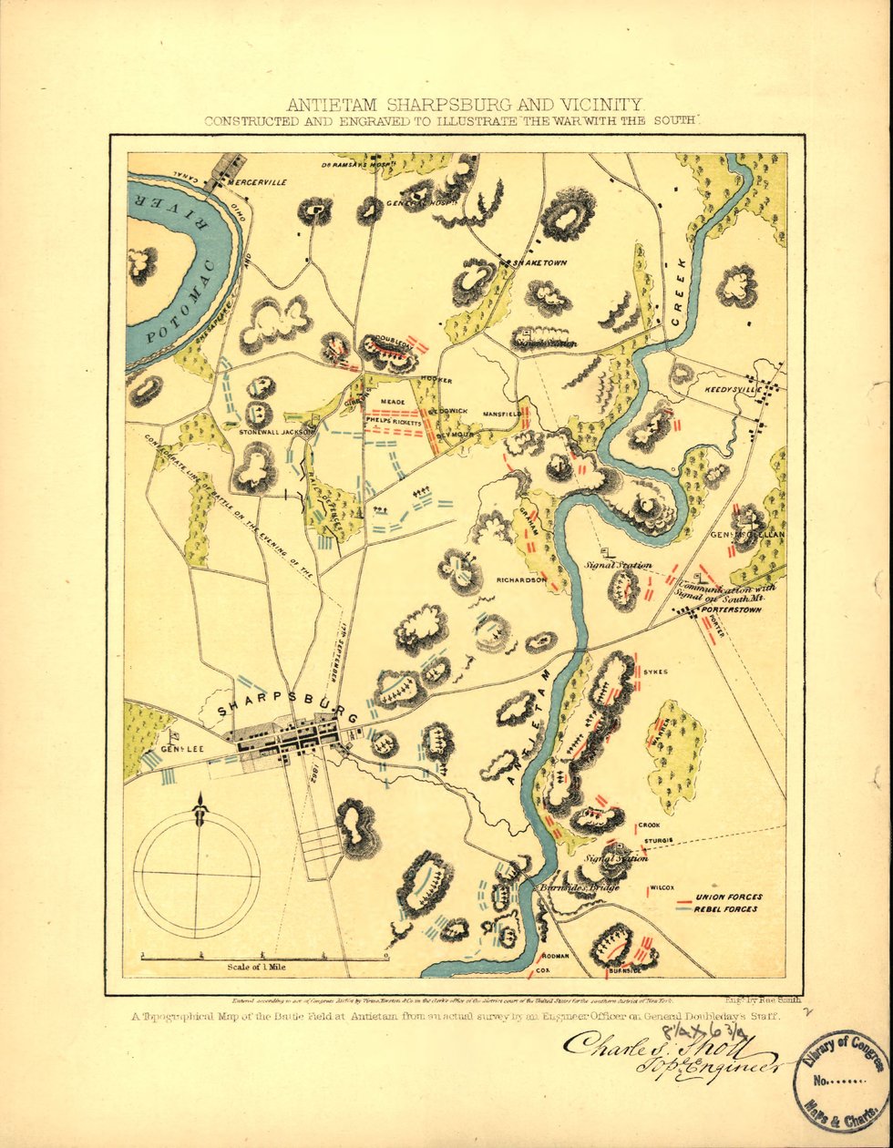 Antietam Sharpsburg en omgeving. Gebouwd en gegraveerd ter illustratie van "De oorlog met het Zuiden" LOC 99447381 door Charles Sholl