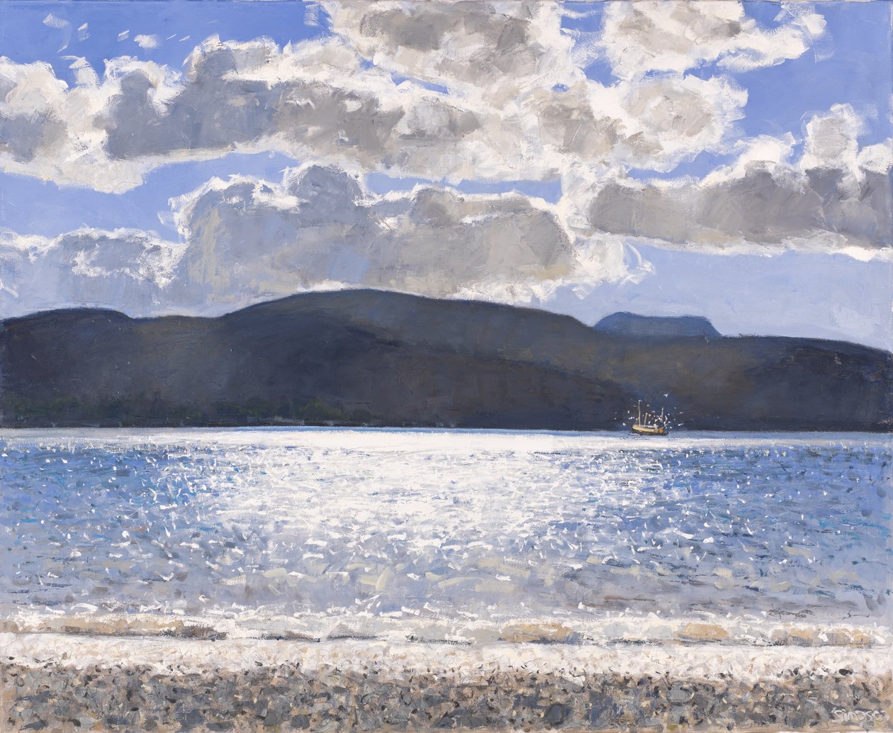 Vissersboot, Loch Broom, 2017 (olieverf op doek) door Charles Simpson