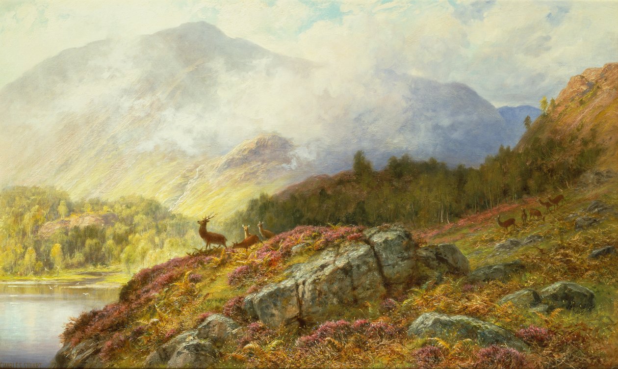 Herten in een Hooglandlandschap door Charles Stuart