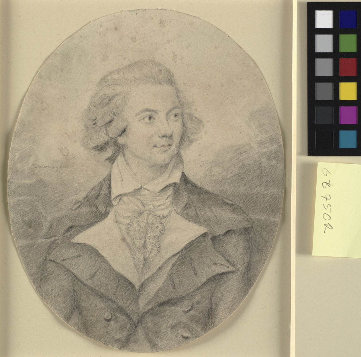 Hoofd en schouders portret van een man, volledig gezicht naar rechts in een ovaal door Charles Townley