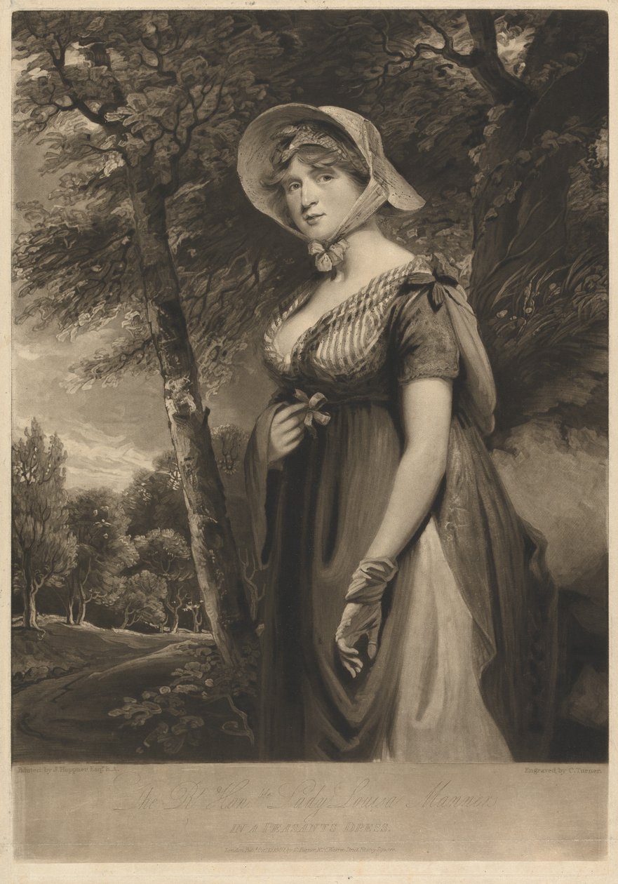 De zeer eerbiedwaardige Lady Louisa Manners in een boerenkleding door Charles Turner