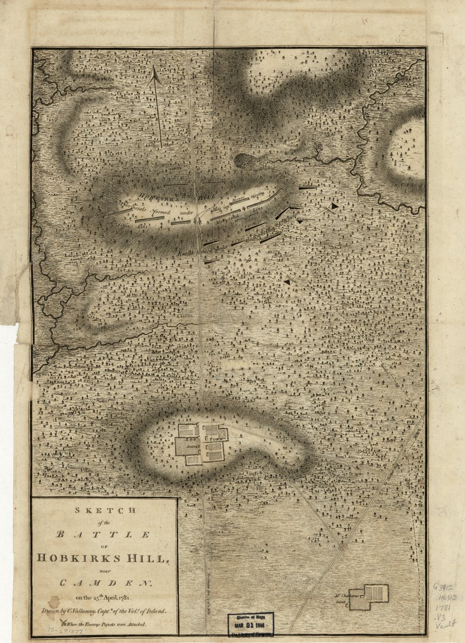 Schets van de Slag bij Hobkirks Hill, nabij Camden, op 25 april 1781, gepubliceerd in Londen, 1794 door Charles Vallancey
