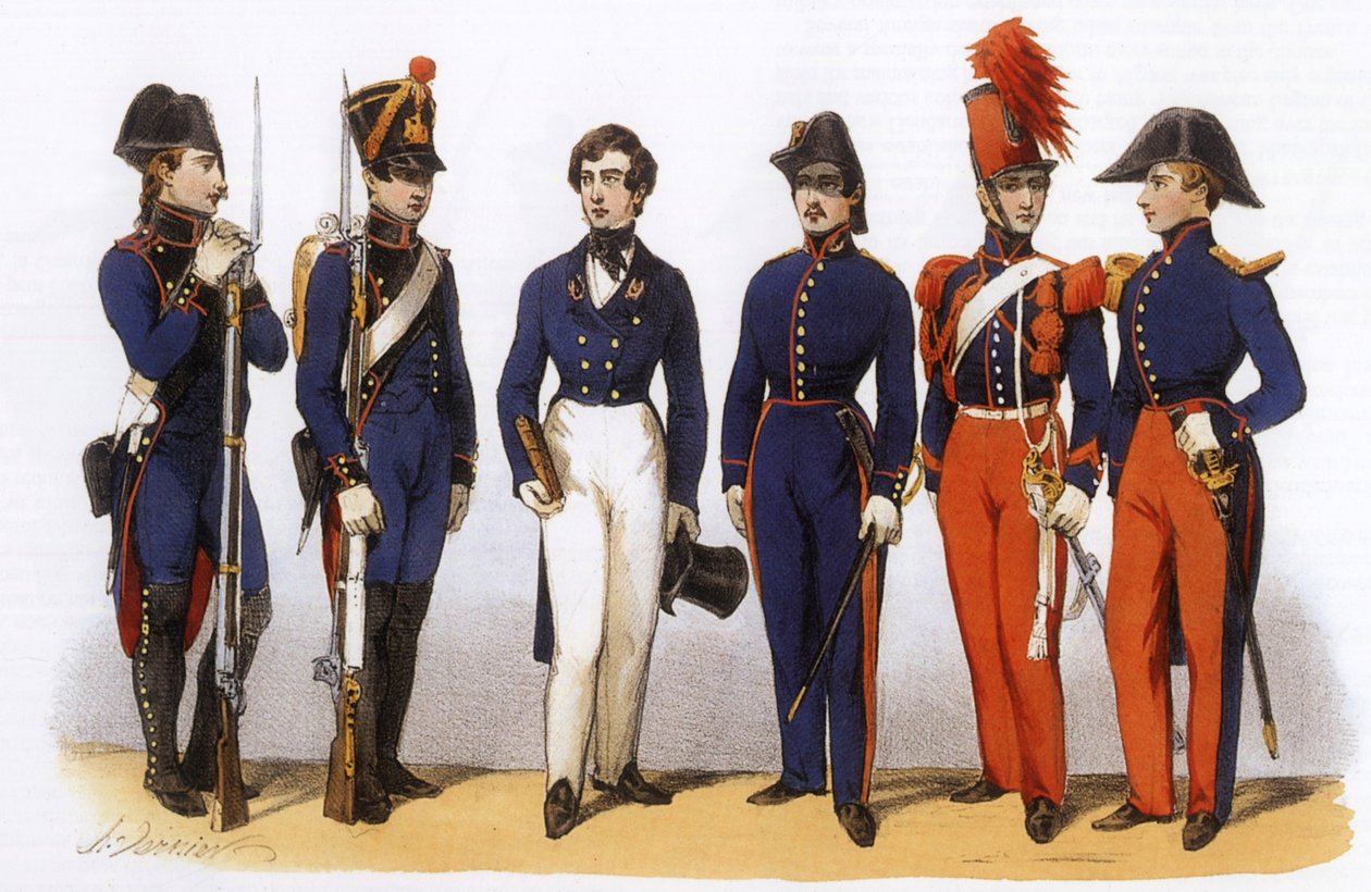 Uniformen van het Franse leger: Polytechnische school, Generale Staf en Cavalerie door Charles Vernier