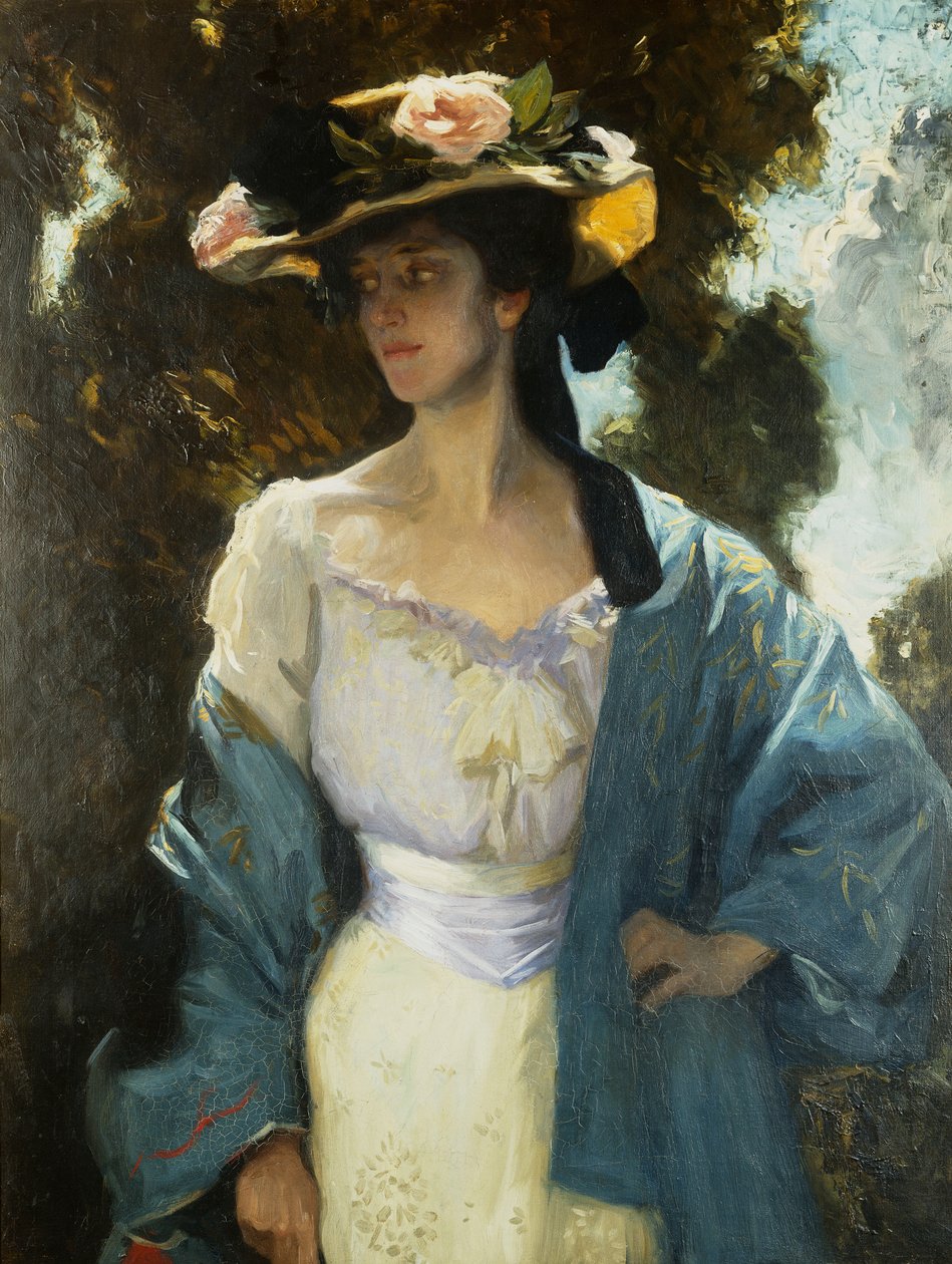Portret van Frances Josephine Furse, de schoonzus van de kunstenaar in een blauwe oosterse jas, 1903 door Charles Wellington Furse
