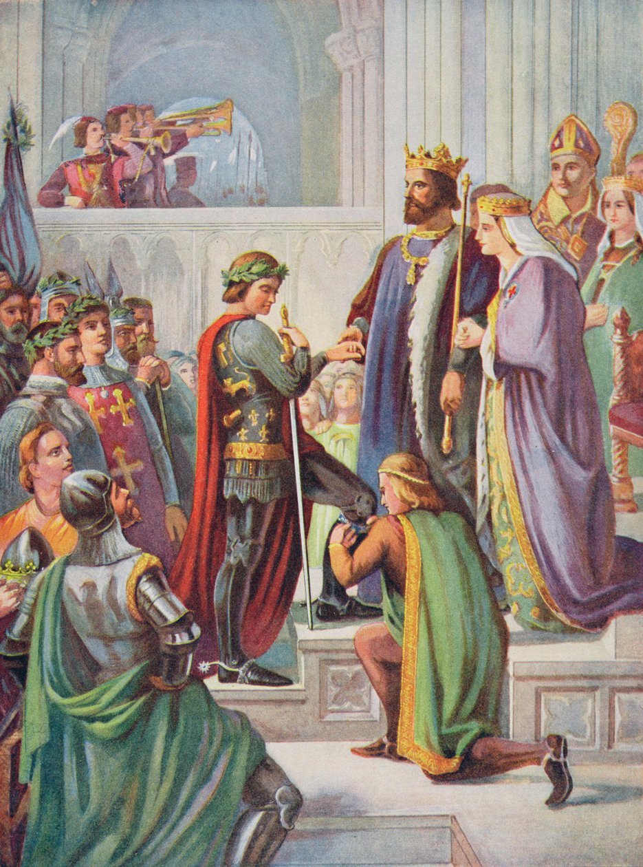 De Investituur van de Zwarte Prins (1330-76) als Ridder van de Kousenband, illustratie uit 
