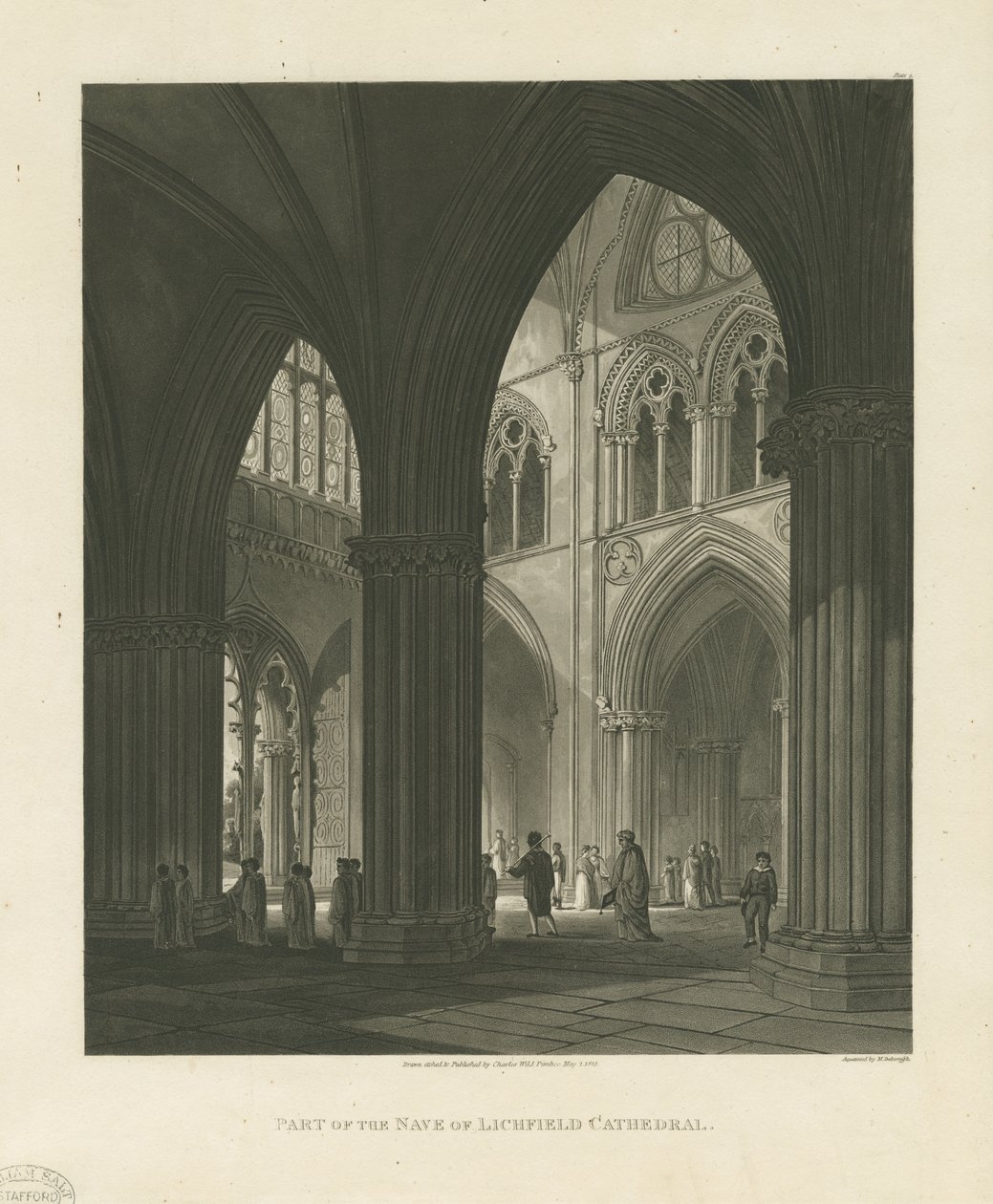 Interieur van de Lichfield Kathedraal - Schip (aquatint gravure) door Charles Wild