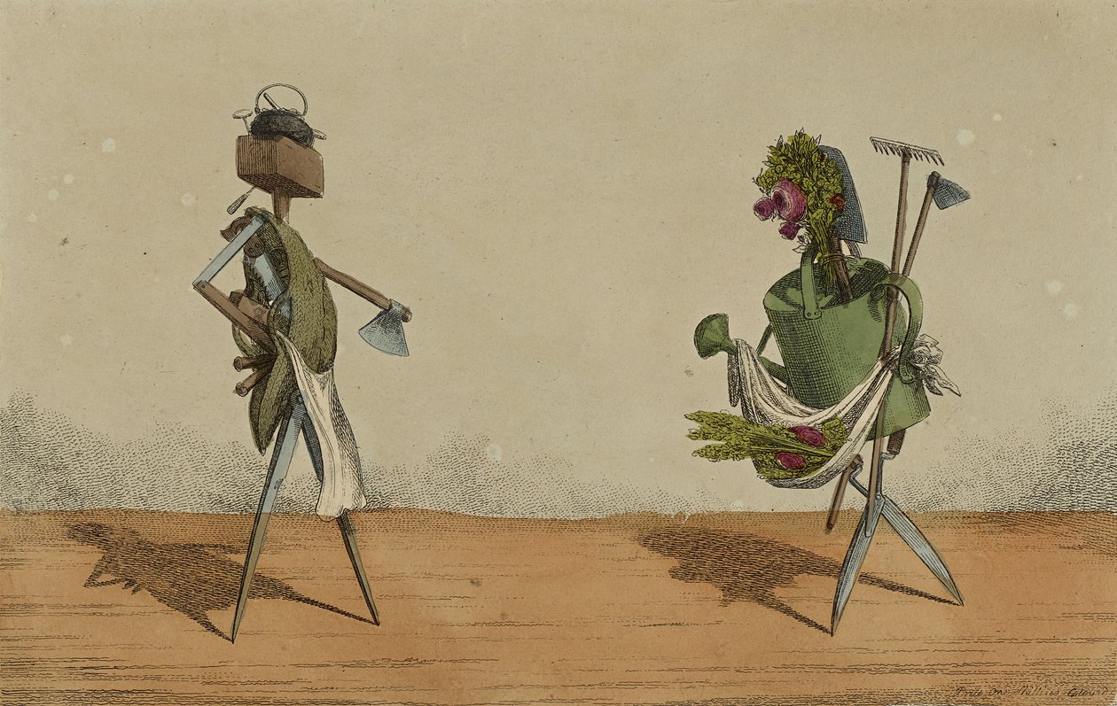 Geanimeerde Gereedschappen, Plaat 2, Opgedragen aan de Timmerlieden en Tuiniers van Groot-Brittannië, c.1811 (handgekleurde ets) door Charles Williams