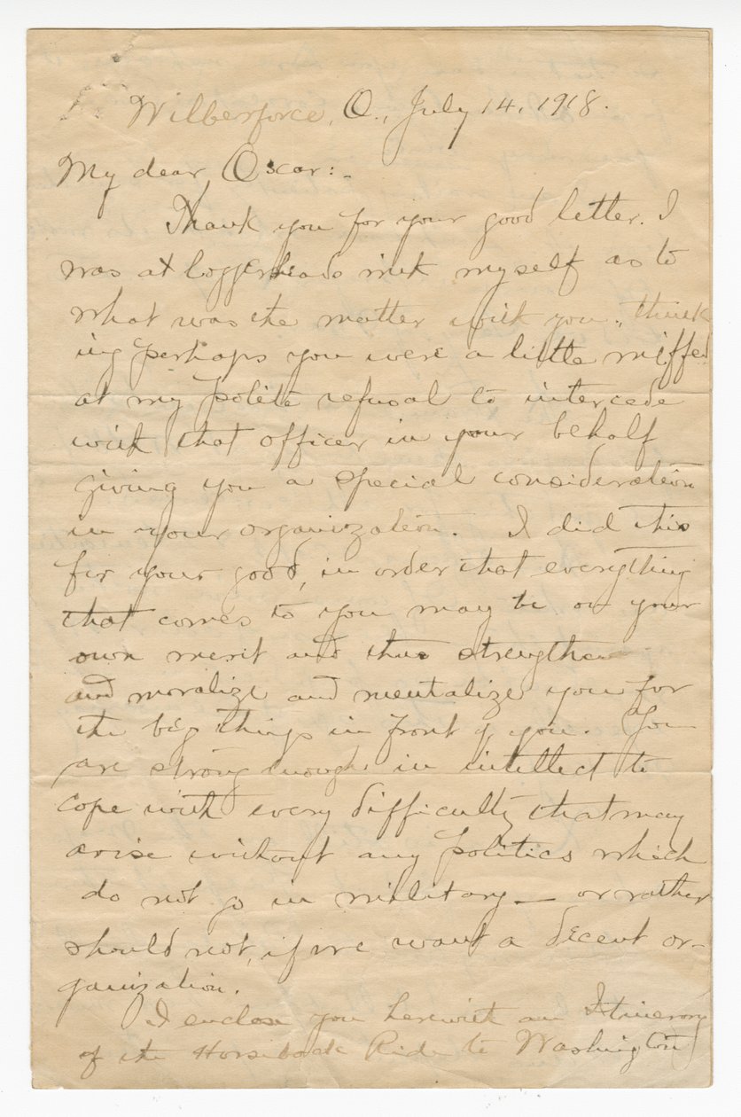 Brief aan Oscar W. Price van kolonel Charles Young, 14 juli 1918 door Charles Young